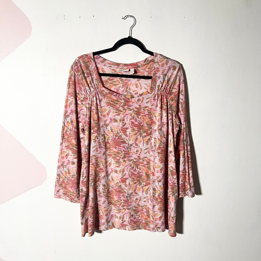 LOGO Lori Goldstein Tunic Top Large Pink Floral Boho Lagenlook